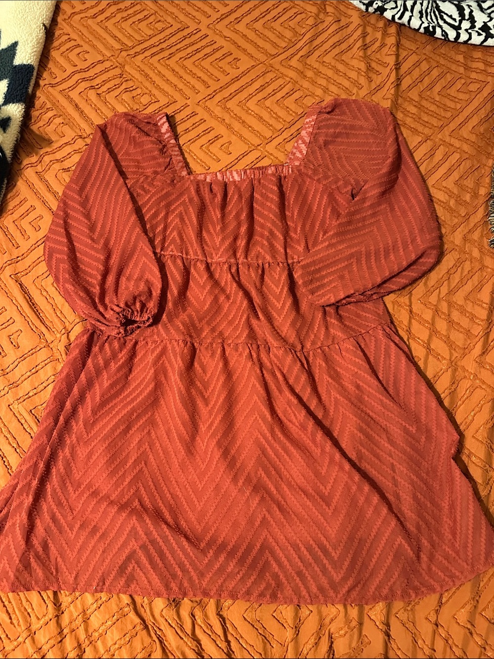 Rust Zigzag Square-Neck Babydoll Dress